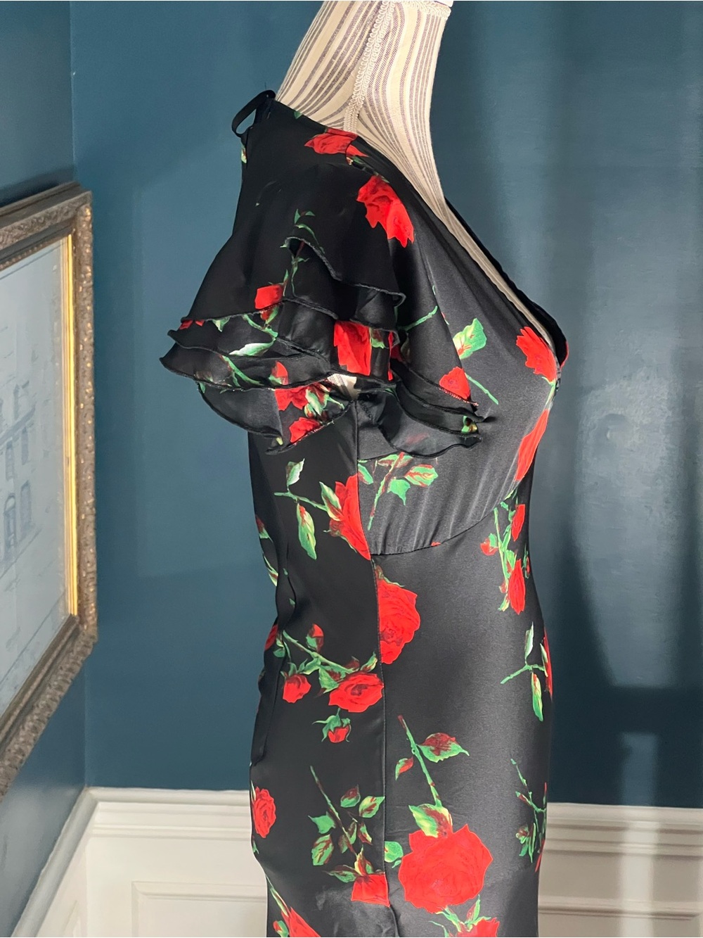 Black Floral V-Neck Mermaid Dress with Red Rose Print mermaid size 6 long D438 - Picture 4 of 14